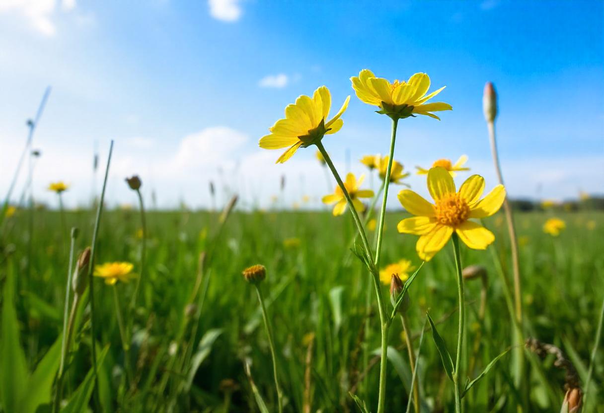 Field of Wild Yellow Flowers Under a Bright Blue Sky Low View